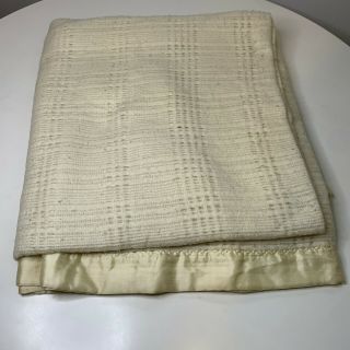 Vintage Waffle Weave Blanket Satin Trim Off White