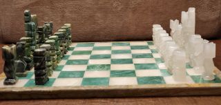 Vintage Green And White Marble Chess Set With Green And White Board
