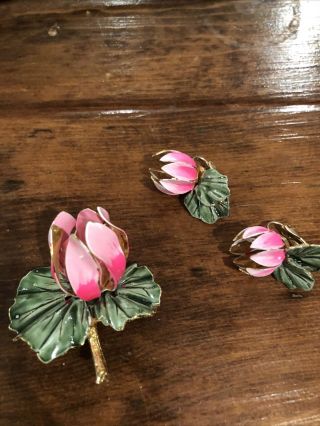 Vintage Signed Coro Pink Green Enamel Flower Pin & Clip Earrings