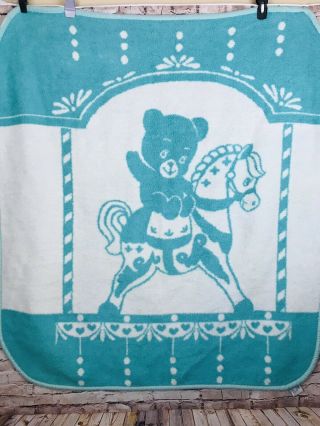 Vintage San Marcos Baby Blanket Reversible Teddy Bear Rocking Horse Blue White