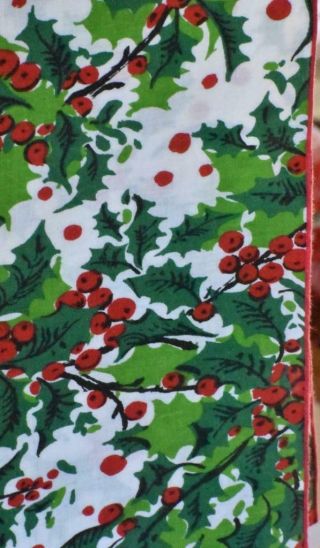 Vintage Mid Century Cotton Tablecloth Christmas Holly Berry Greens Red White