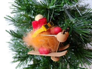 Vtg Japan Beatnik Santa On Wood Skis Christmas Tree Ornament Orange Beard Felt