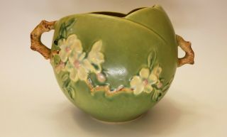 Vintage Roseville Apple Blossom Pattern 342 - 6 Green Handled Vase Planter Ca 1948