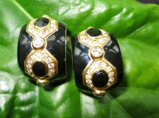 Vintage Christian Dior Gold Tone Black Enamel & Rhinestones Clip On Earrings