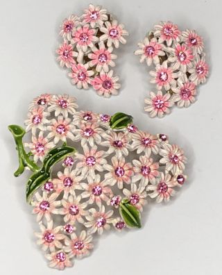 Vintage Pink & White Enamel Rhinestone Flower Brooch Pin & Clip On Earrings Set