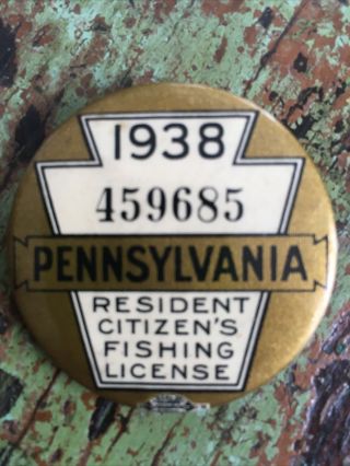 1938 Pa Residant Citizen Fishing License Pin Back Badge With Paper