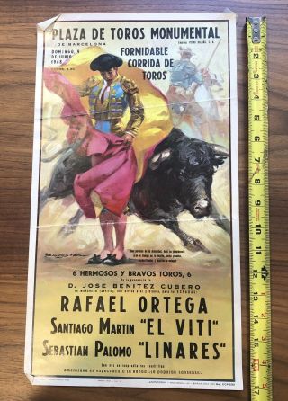 Ortega Plaza De Toros Bull Fighting Poster " Monumental " De Toros 1968 Laminograf