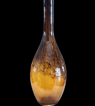 Vtg Murano Art Glass Hand Blown Amber Gold Crackle Long Neck Bottle Vase 15”h
