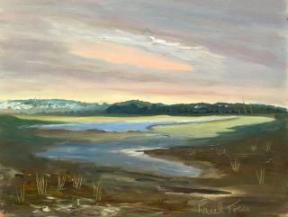 Vintage 1991 Modernist Lake Mountain Landscape Oil Painting Signed Paul Tocci 2