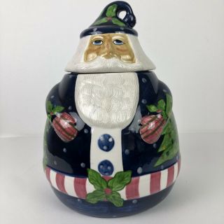 Vintage Blue Santa Ceramic Cookie Jar Candy Cane Christmas Tree Laura Gates