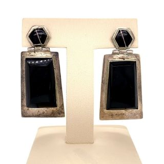 Vtg Estate Mexico Artisan Handcrafted Sterling Silver & Onyx Pierced Earrings 42