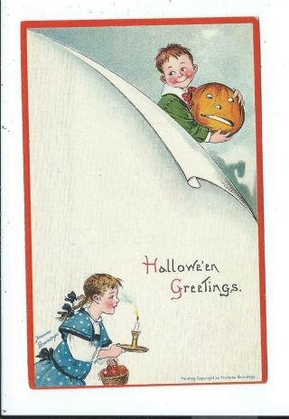 Vintage Halloween Postcard Frances Brundage Girl Boy Pumpkin