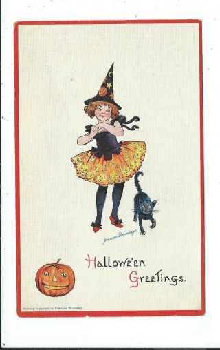Vintage Halloween Postcard Frances Brundage Black Cat Witch