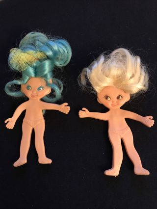 1969 Vintage Ideal 5” Flatsy Dolls Blonde Hair Brown Eyes Aqua Hair & Eyes.  Nude