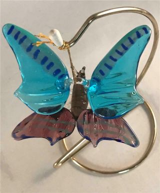 Vintage Hand Blown Art Glass Butterfly Hanging Christmas Ornament Blue & Purple