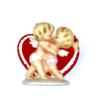 Vintage Lefton Valentine Heart Planter Vase 2 Little Angel Cupids Kissing 2958