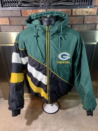 Vintage Green Bay Packers Hooded Nfl Football Jacket Mens Sz Large Reversible
