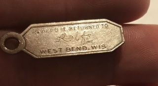 Vintage Rolfs Inc West Bend Wi Metal Return Key Tag Cp105