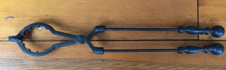 Vintage Black Cast Iron Fireplace Campfire Woodstove Tongs Tool Wood Handles 25 "