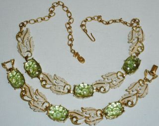 Vintage Signed Emmons Clear Rhinestone White Enamel Necklace&bracelet