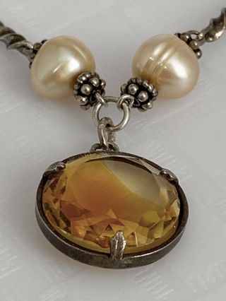Vintage 925 Sterling Silver Necklace With Pearls And Stone In Silver Frame Charm