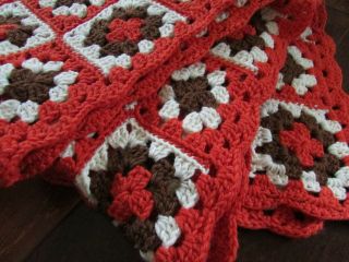 Vtg Orange Brown Handmade Crochet Granny Square Afghan Throw Blanket 62 
