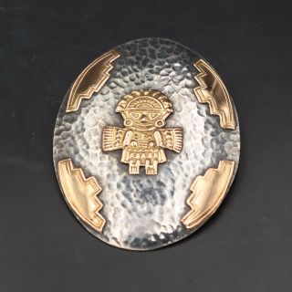 Vtg Sterling Silver & 18k - Peru Inca God Hammered Disc Pendant Brooch Pin - 13g