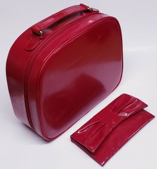 Red Estee Lauder Vintage Vinyl Travel Case Makeup Bag With Clutch & Mirror 10x12
