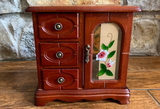 Vintage Jewelry Box Wooden Glass Door With Floral Design,  Velvet Like Interior