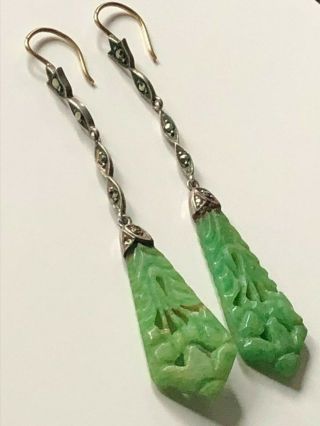 Vintage Art Deco sterling silver/marcasite and faux jade droplet drop earrings 3