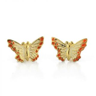 Vintage Butterfly Stud Earrings 14k Yellow Gold Enamel Ladies Girls