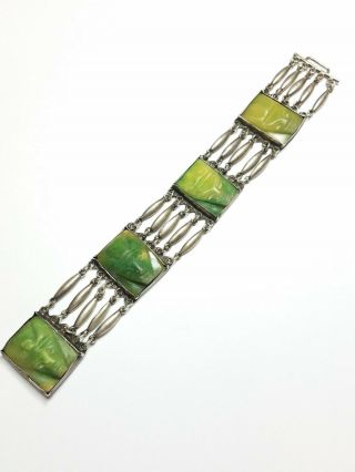 Vintage Mexico Sterling Silver Carved Aztec Face Panel Link Bracelet 8 "