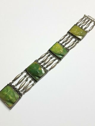 Vintage Mexico Sterling Silver Carved Aztec Face Panel Link Bracelet 8 