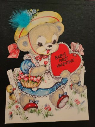 10 " Vtg Gibson Valentine Greeting Card Diecut Flock Stand Girl Bear Bunny Baby 