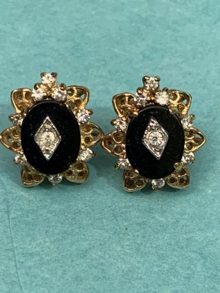 Vintage Goldtone And Black Onyx Stud Earrings Unsigned High End