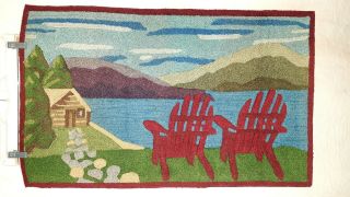Lakeside Cabin Scene Hand - Hooked Wool Accent Rug Pre - Owned Vintage 31.  5 " X19.  5 "