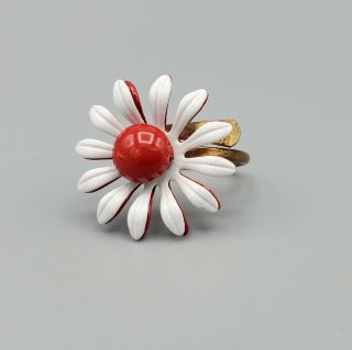Vintage Mod Red And White Enamel Brass Daisy Flower Ring Adjustable