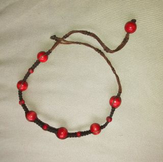 Vintage Red Wooden Beads Brown Macrame Anklet