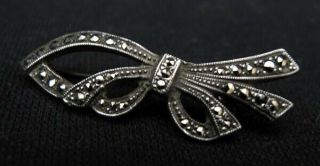 Vintage Sterling Silver Marcasite Brooch Pin Art Deco Elegant Bow Shape