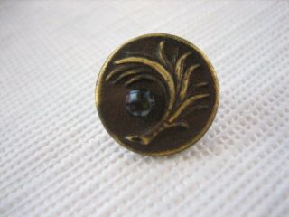 Vintage Small 1/2 Inch Metal Brass Feather Button,  Black Glass Rhinestone - M36
