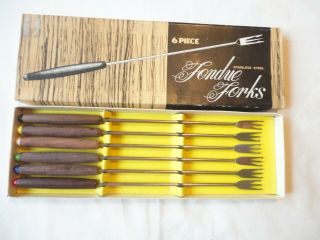Set Of 6 Vintage Stainless Steel Oster Fondue Forks Wood Handles Colored Tip 10 "