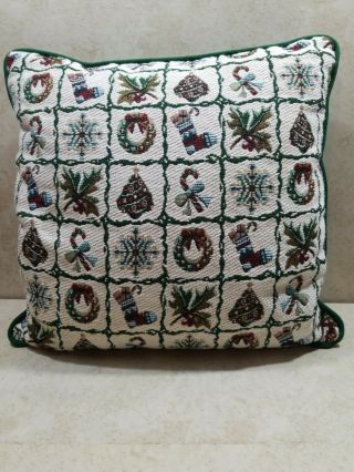 Vintage Christmas Tapestry Throw Pillow 16×16 In Green Back