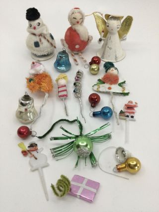 20 Vintage Christmas Ornaments Spun Cotton Chenille Glass Picks Kitsch Japan