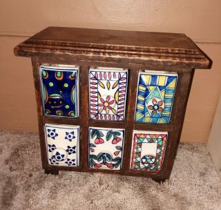 Vintage Wood Apothecary Spice Cabinet With Hand - Painted Porcelain Drawers