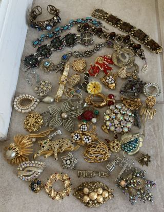 Estate Mixed Assorted Vintage Rhinestone Jewelry Pin Bracelet Crafts Harvest