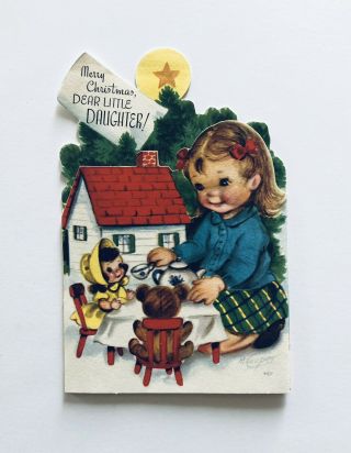 Vintage Christmas Card Rust Craft Marjorie Cooper Girl Tea Party Doll Bear House