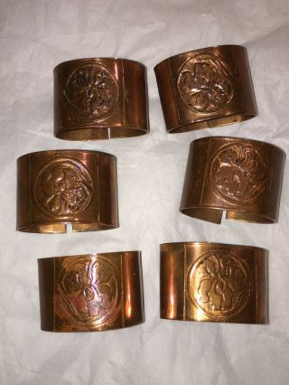 6 Vintage Copper Napkin Rings / Embossed With Irish Design