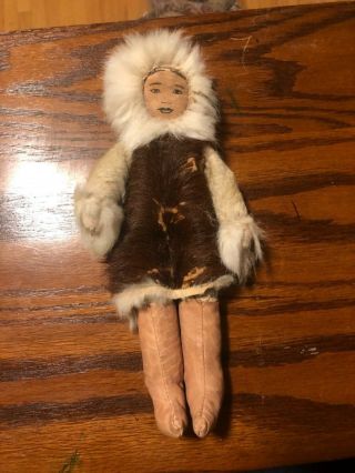 Vintage Face Inuit Eskimo Doll W/ Fur Skin Tanned Hide,  10” Tall