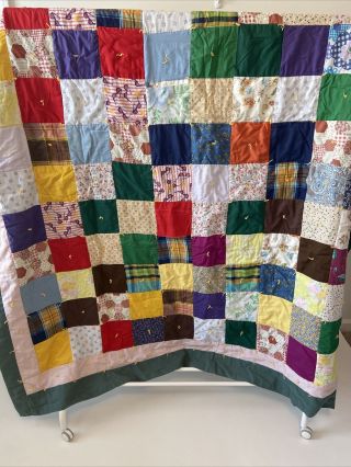 Vintage Handmade Square Patch Quilt Large Throw 71 " X 81” Bright Colors Green