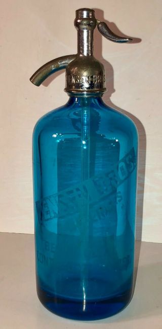 Vintage Czech Seltzer Bottle Etched Jensen Brothers,  Long Island,  Ny Teal Blue